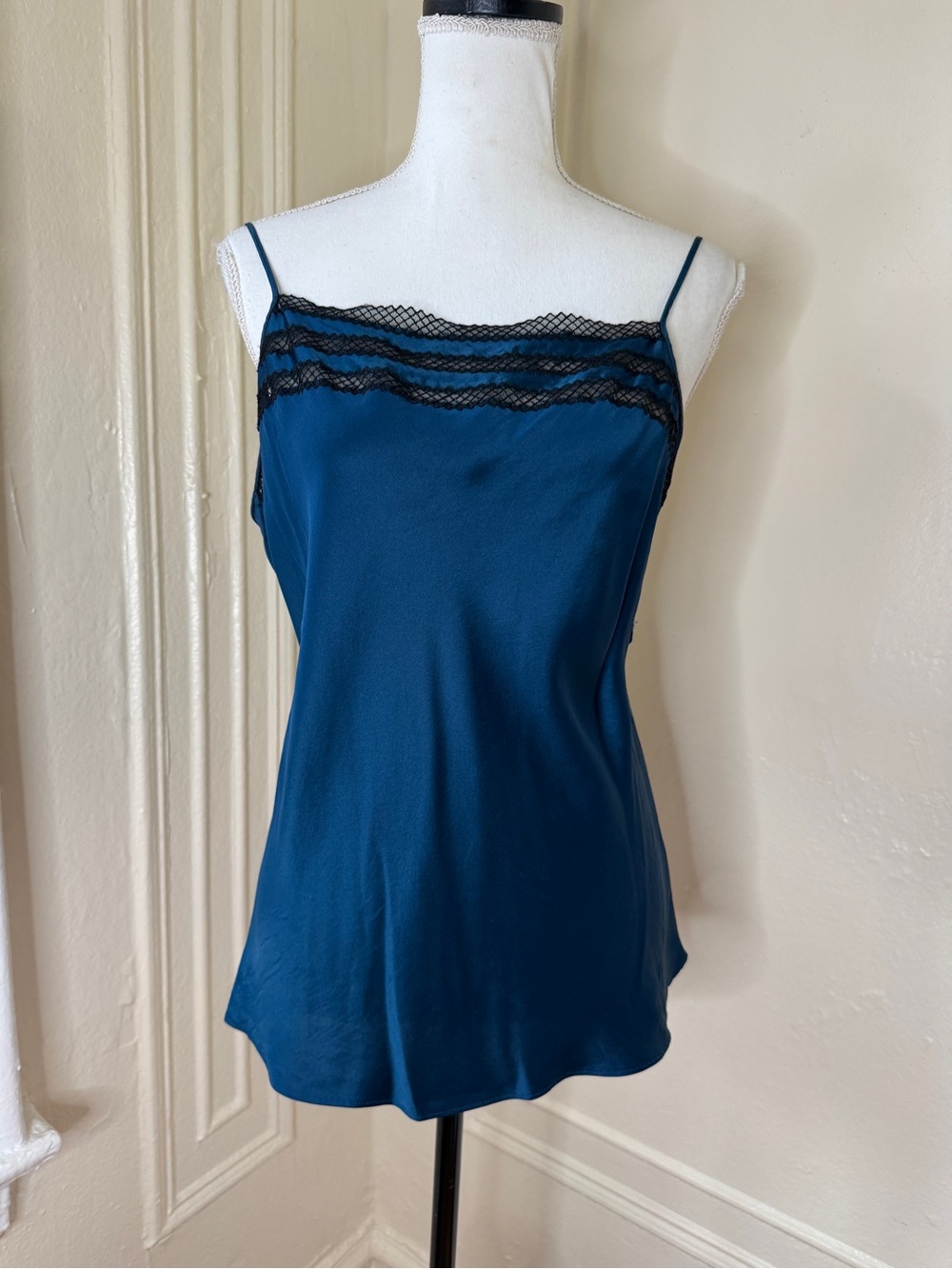 Y2K / 90s Vintage Josie Natori Silk Blue and Black Lace Spaghetti Strap Top